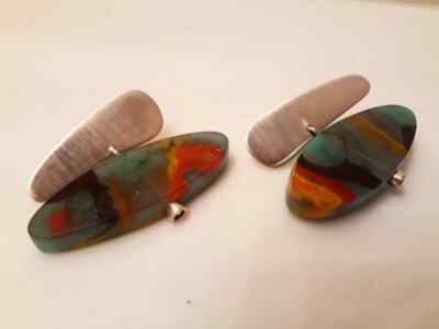 Multi Color Mix Resin Ellipses 950 Silver Dangle Earrings by Caro 