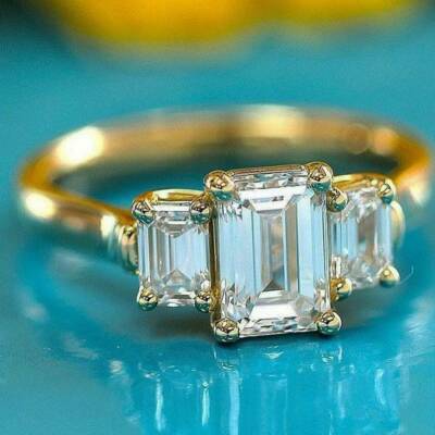 Ct Emerald Cut Simulated Diamond 3-Stone Wedding Ring 14K Yellow