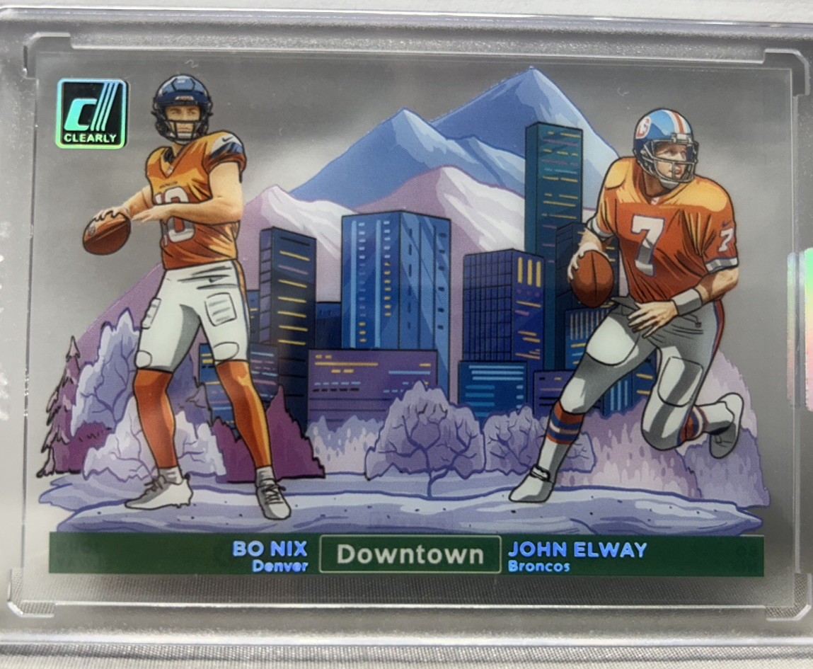 BO NIX JOHN ELWAY 2024 Panini Clearly Donruss #13 DUAL DOWNTOWN CASE HIT SP RC