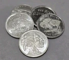 5x Random 1 Gram .999 Pure Silver Rounds, Buffalo, Indian, Alligator & More