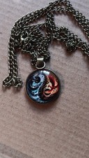 Yin Yang Dragon Phoenix Round Pendant Necklace Bronze Multicolor Brass Charm
