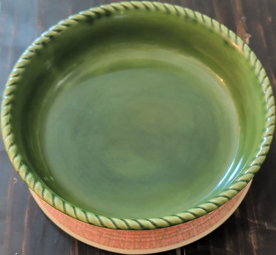 PartyLite Ceramic Round Bowl Green Orange Beige Glossy 8in Pottery China