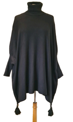 QED Poncho Pullover weich Strick Rollkragen Perlen Bommeln schwarz One Size UK10-26 NEU