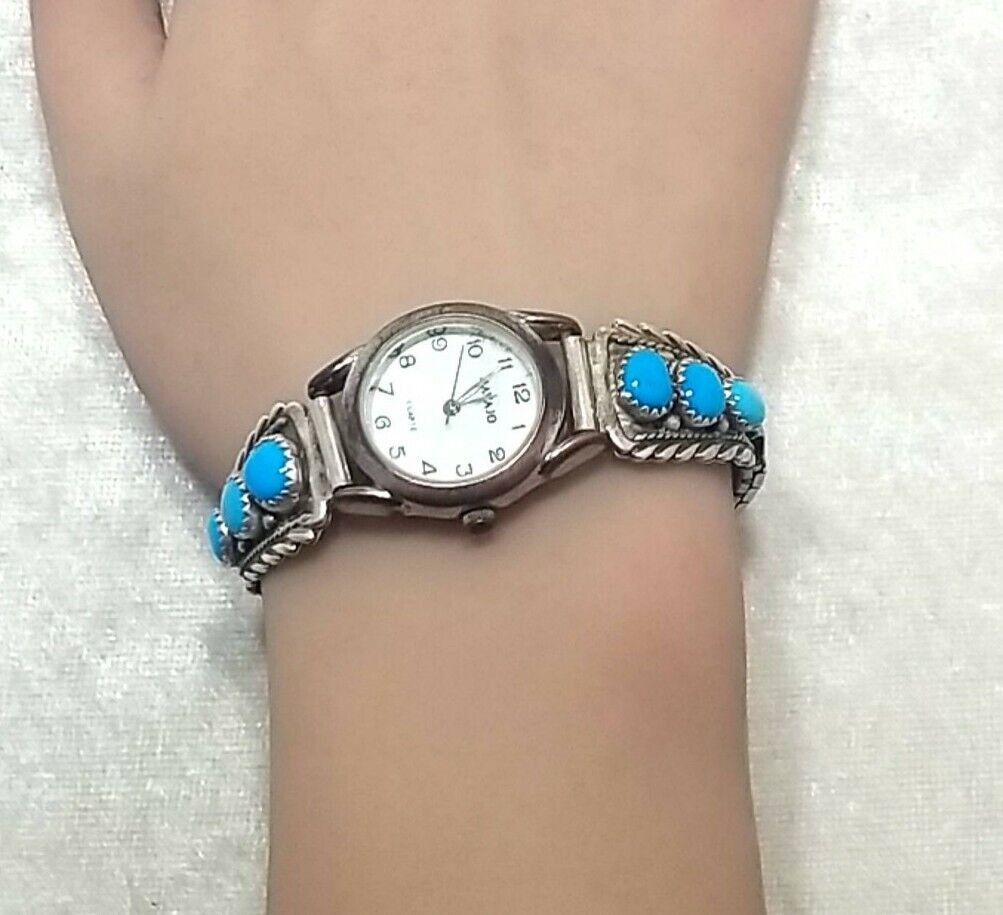 Native American Sterling Silver Watch Turquoise Navajo Quartz MOP