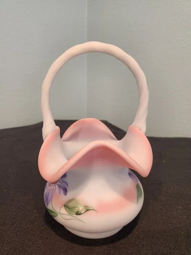 FENTON STUNNING LIMITED EDITION BLUE BURMESE BASKET VASE w FLOWERS & BUTTERFLY