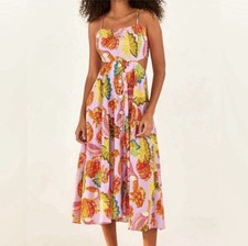 Farm Rio Pink Lilac Beaks & Bananas Cutout sides Tie back Midi Dress Size L
