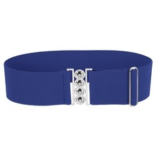 Wide Elastic Waist Belt with Round Metal Buckle, Blue, 29.5" to 41.5"