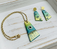 Handmade Teal and Metallic Gold Foil Polymer Clay Pendant Necklace & Earring Set