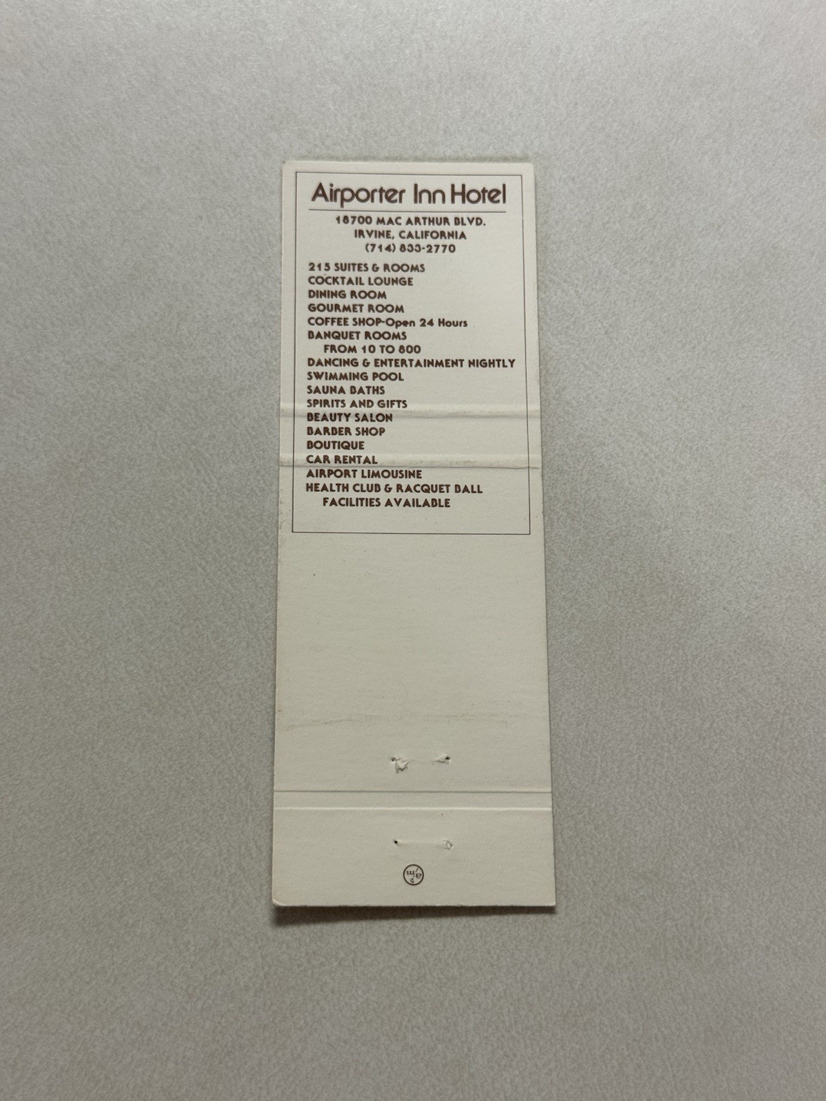 Airporter Inn Hotel Irvine California Matchbook Cover 458