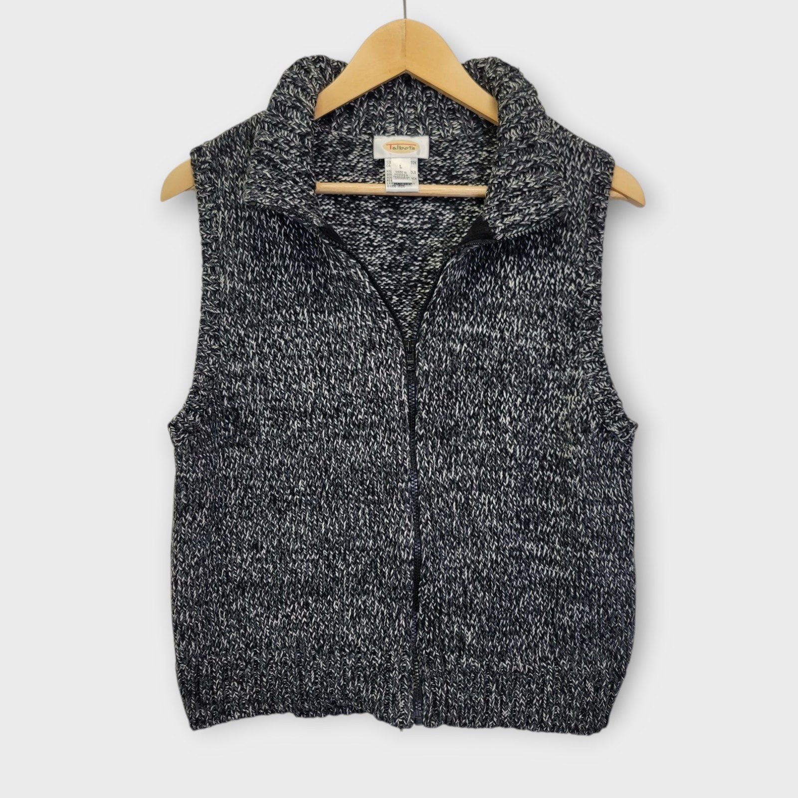 Talbots Sweater Vest Womens Large Black White Gray Marled Knit Full Zip
