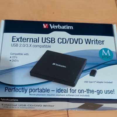 Verbatim External USB/USB-C CD/DVD Writer 8x USB-Powered Mac/PC Black