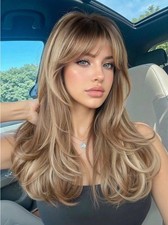 24" Long Wavy Wig with Bangs Dark Roots Brown Ombre Blonde Heat Resistant Synthe
