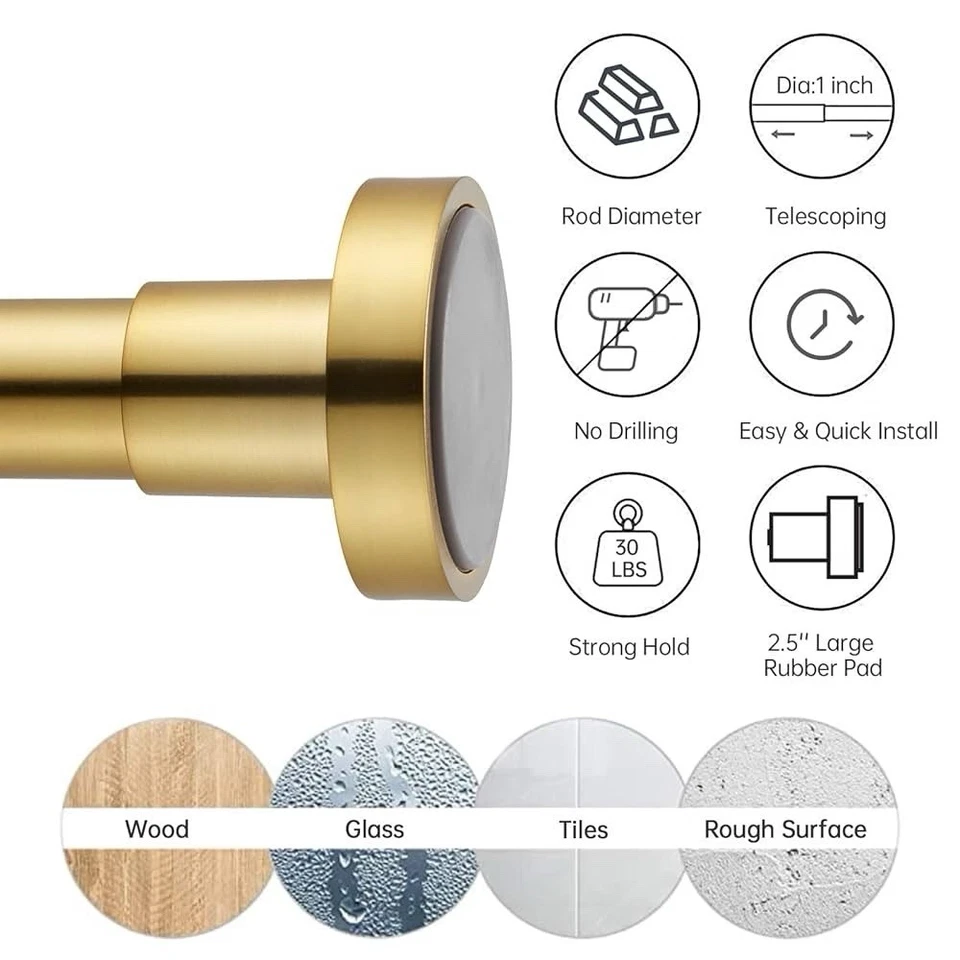 Gold Shower Curtain Rod Tension 43-73 inches Metal Steel Never Rust No Drill 1"W - Image 3 of 4