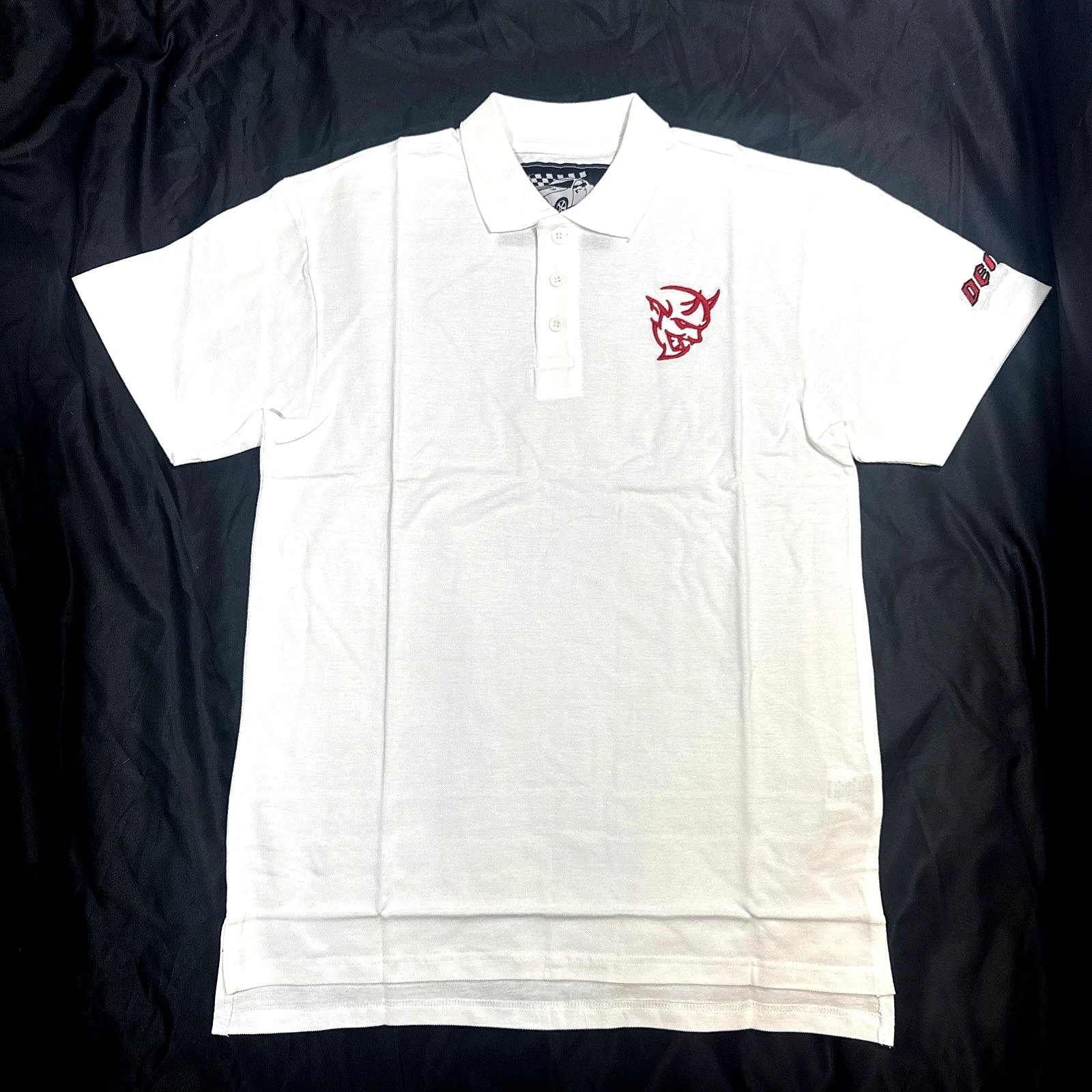 Demon Dodge White Polo Mens Automotive Shirt Embroidered Muscle Car Horsepower