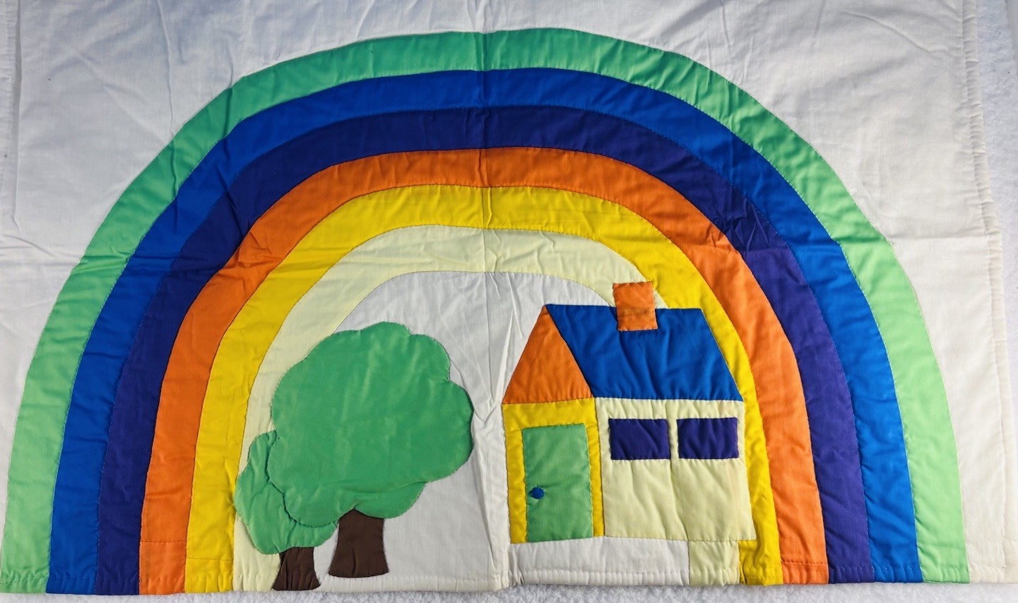 Vintage 80s Kids Wall Hanging Decor Cheerful Happy Quilted Rainbow *READ*