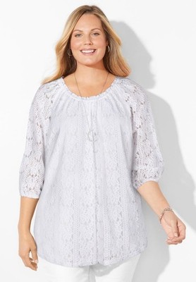 Catherines Women's Plus 3X White Stretch Lace Lined Bodice Peasant Blouse Top NE