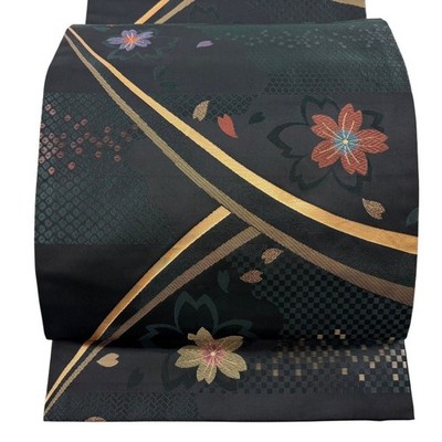 Fukuro Nagoya Obi Cherry Blossom Haze Foil Black Synthetic 384cm Japanese Kimono