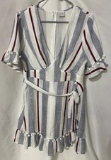 Selfie Leslie Stripe Faux Wrap Dress Pom Pom Detail Zip Back Sz S Ruffled Hem