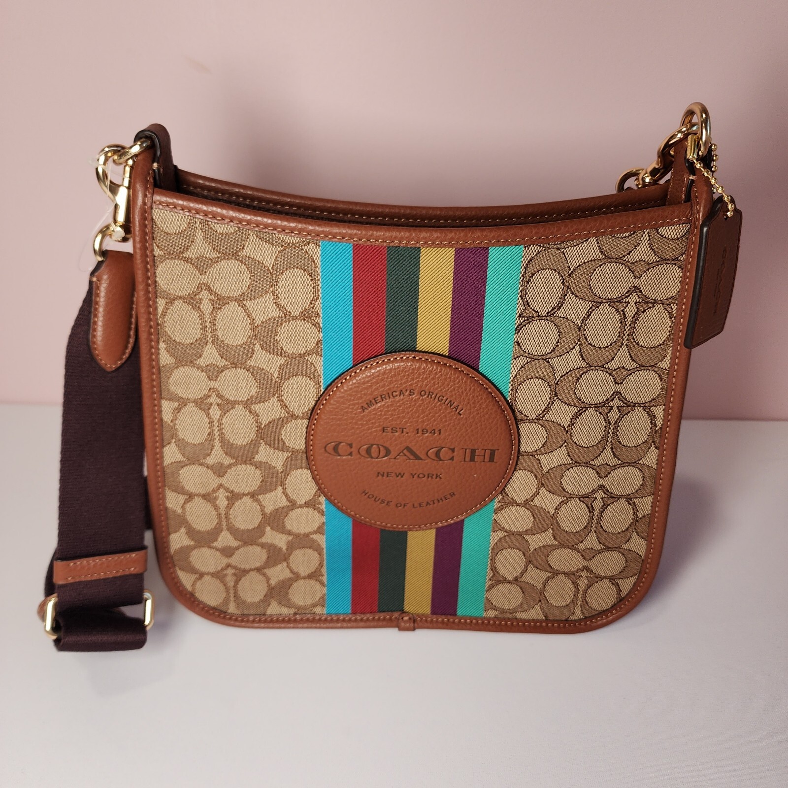 COACH Dempsey File Bag Patch Stripes Brown Signature Multicolored ...