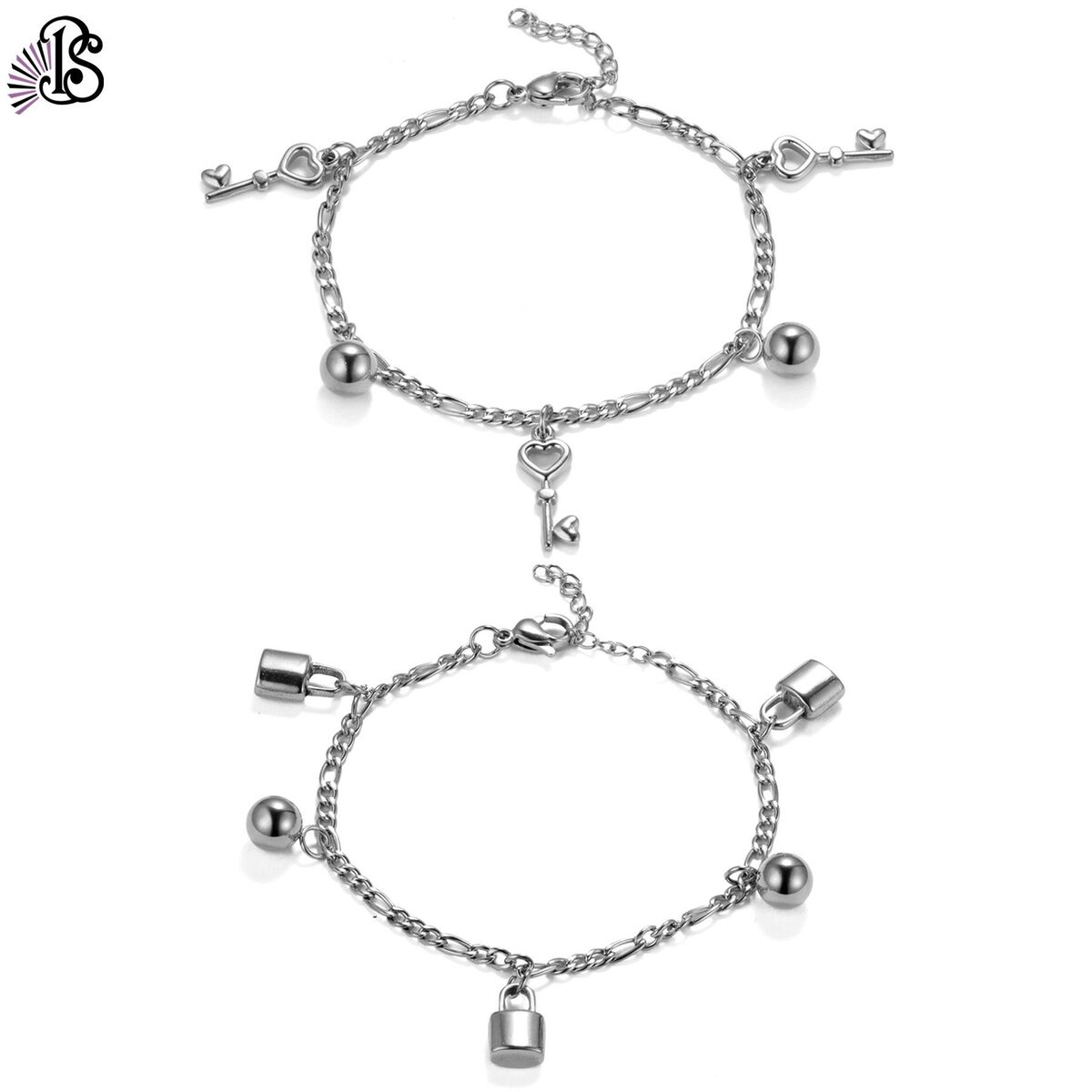 2pcs Men Women Locket Key Couple Charm BFF Bracelet Adjustable Chain Fit  7"-8.2"