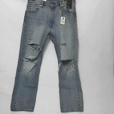 Levis 551Z Straight Stretch Light Wash Distressed Torn Denim Jeans