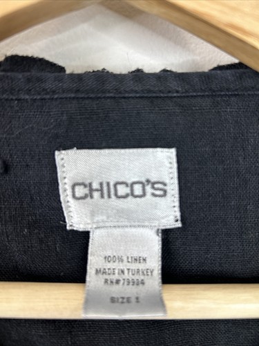 Chico’s Women’s 1 Black Linen Open Front Long Sleeve Ruffle Trim Jacket - Picture 2 of 10