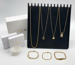 Auth Christian Dior CD/Rhinestones Necklace/CD Logo Bracelet Set7 W/Box SK120582