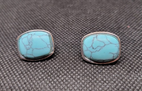 Vintage Turquoise Bezel Cushion Stud Earrings Silver Tone Butterfly Back Pair