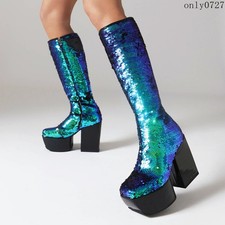 Womens Platform High Block Heel Side Zip Sequins Party Mid Calf Boots Shoes Hot