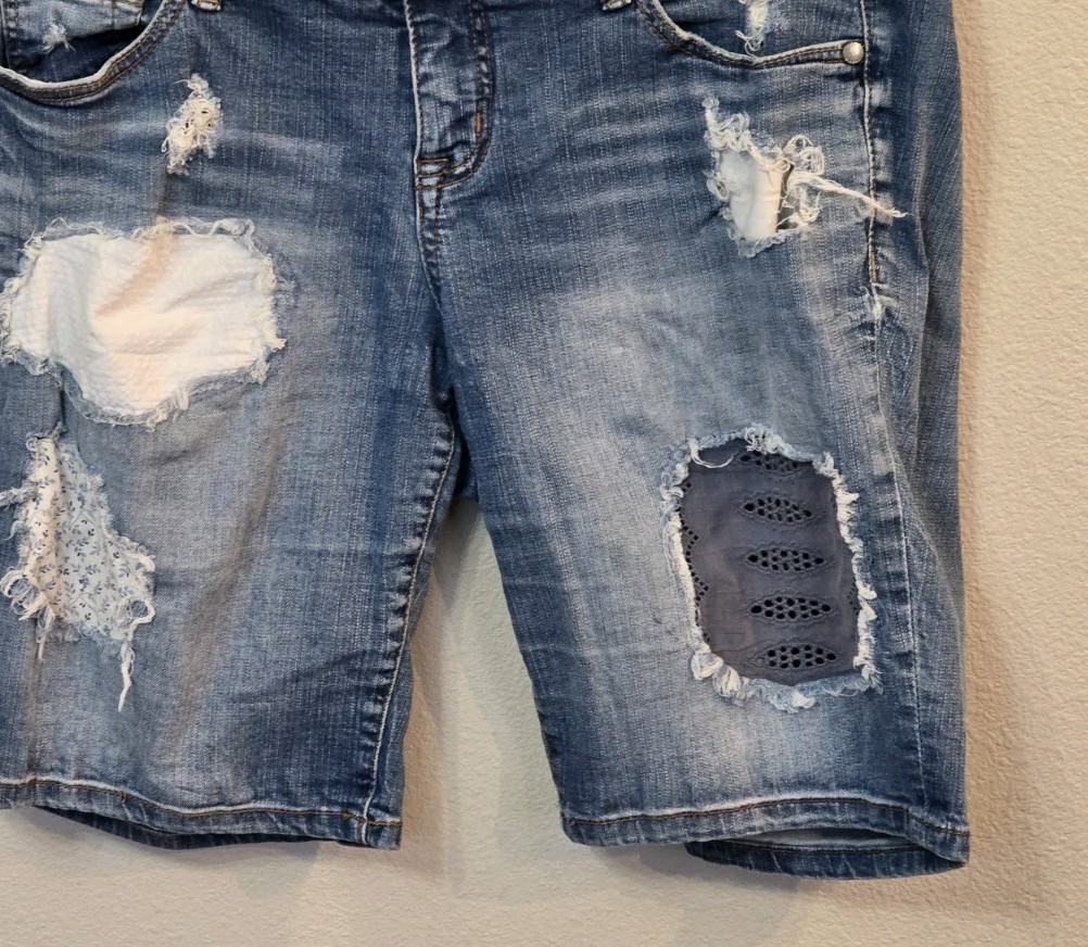 Torrid High Rise Distressed Patchwork Bermuda Blu… - image 14