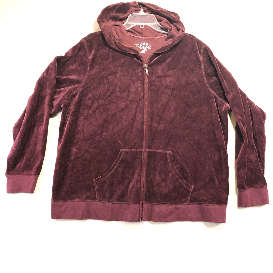 Made For Life Full Zip Velour Hoodie Womens 2X Hooded Jacket Burgundy Wine - Image 2 of 4