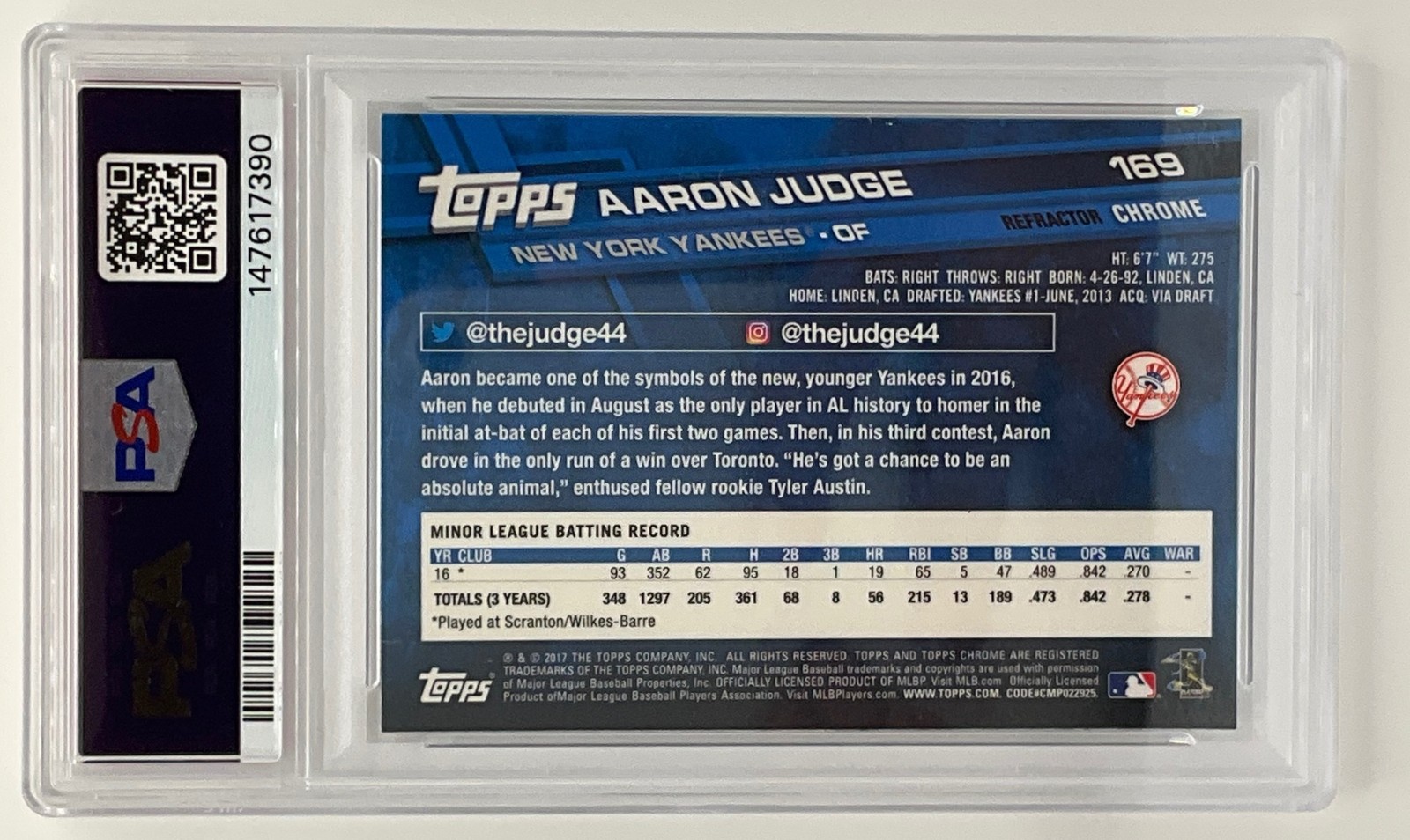 2017 Topps Chrome Aaron Judge Refractor #169 RC New York Yankees PSA 9 view 2