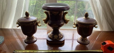 Three-Piece Decorative Mantle Set Burgundy And Gold Decorative Vase Set - Image 1 of 4