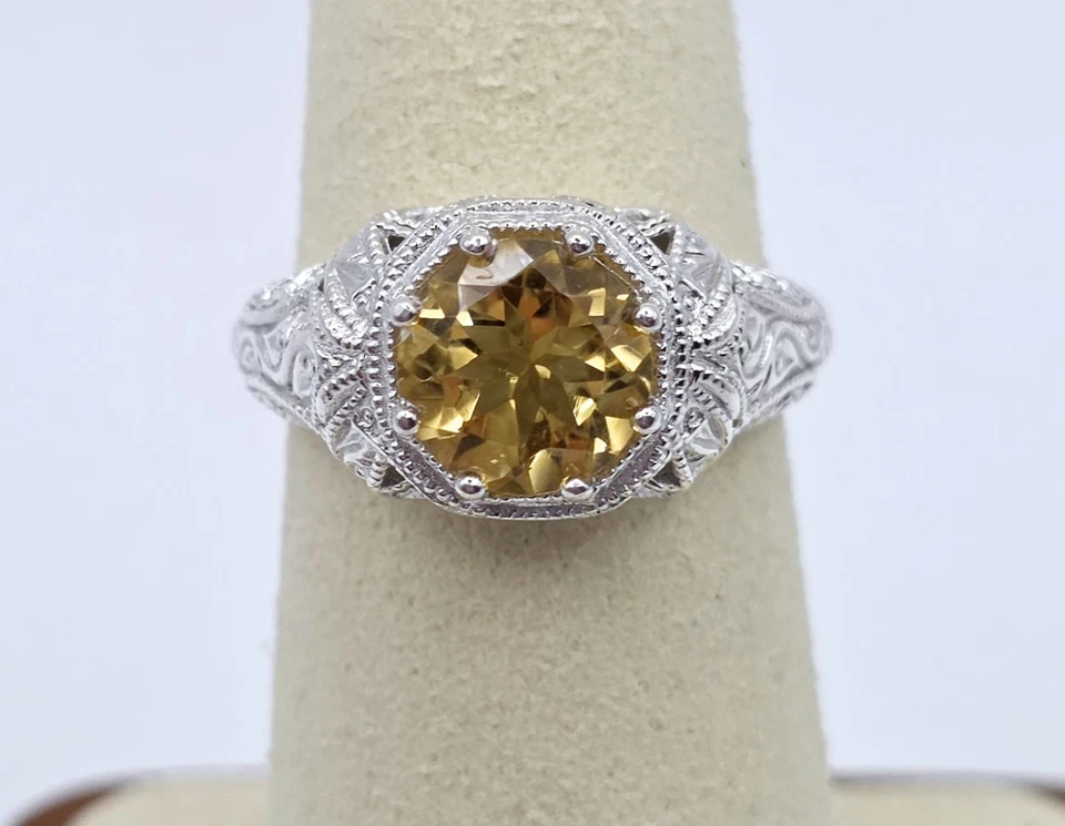 Sterling Silver Filigree Citrine Ring Antique Vintage Art Deco Style - Image 3 of 4