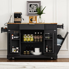 Fluted Rolling Kitchen Island on 5 Wheels with 3 Drawer, 3 Open Side Racks Black