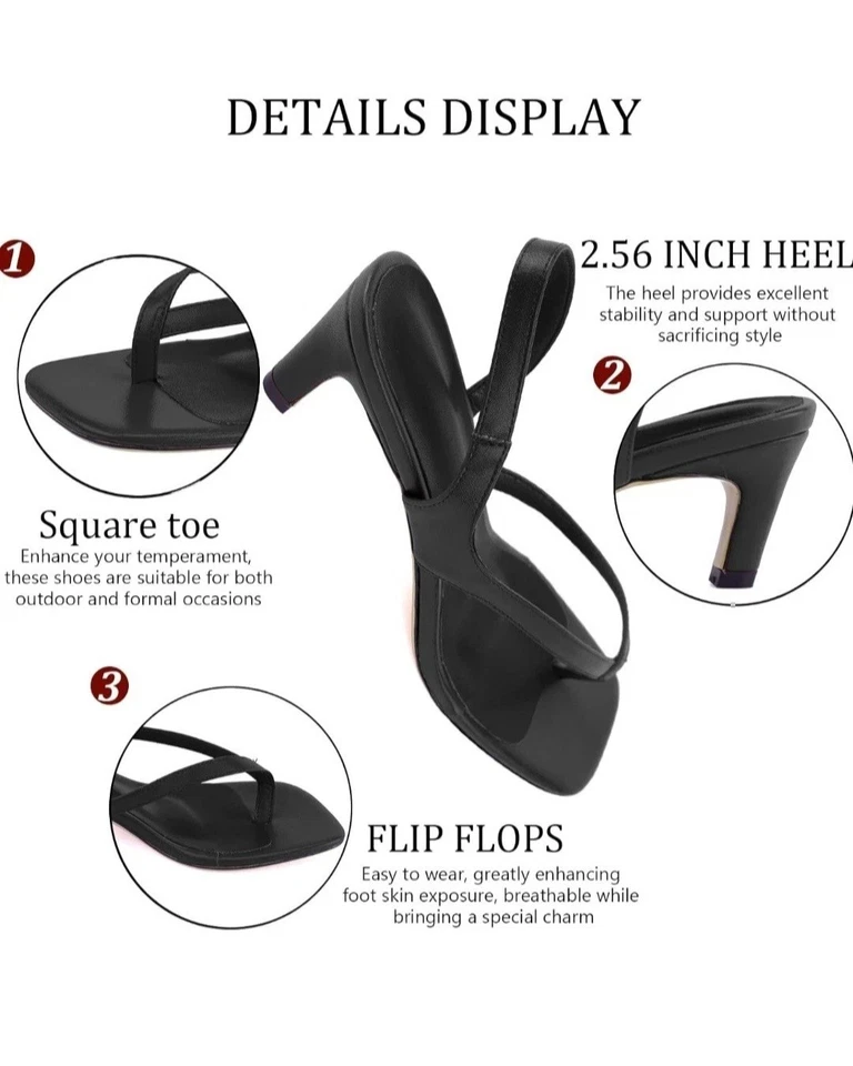 Sandálias femininas pretas salto gatinho 2,5” biqueira aberta biqueira quadrada nova - Imagem 2 de 4