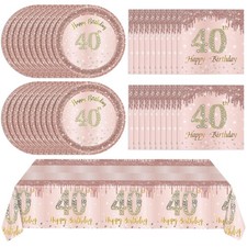 41 PCS Rose Gold 40th Birthday Party Tableware Set Plates Napkins Tablecloth