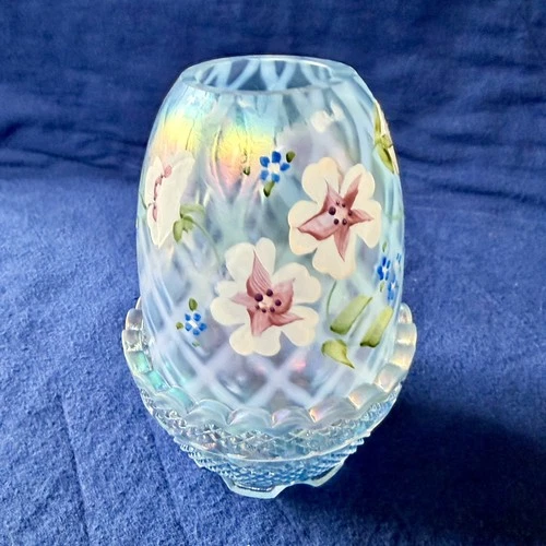 Fenton FAIRY LAMP Iridescent Blue Diamond Optic with hand painted florals