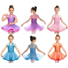 Kids Girls Dress Waist Costume Ballroom Dancewear Strappy Latin Dance Mesh Rave