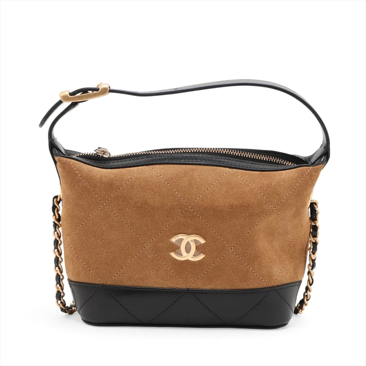 Chanel Matelasse Suede & Leather 2 Way Shoulder Bag Beige x black Gold Metal Fit