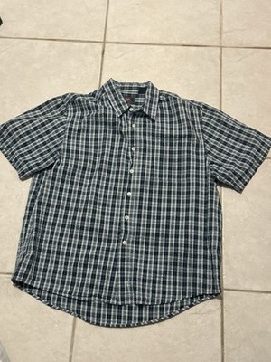 Route 66 Mens XL Linen Cotton Blend Shirt Green Plaid Short Sleeve Button Down