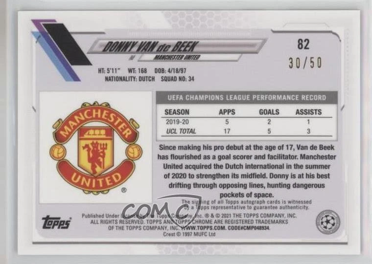 2020-21 Topps Chrome X Steve Aoki UCL Gold /50 Donny van de Beek #82 - Image 2 of 2