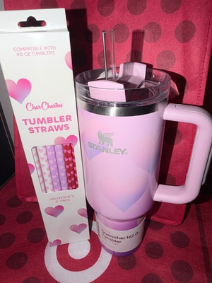 #ad Valentines Stanley 40 Oz Powder Pink Heart Gradient Quencher H2.O Tumbler Straws $69.99