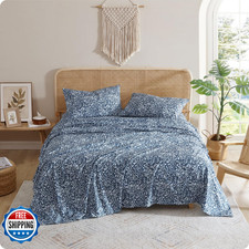 Indigo Ink Full Size 4-Piece Sheet Set - Fitted Flat Sheets Pillowcases Boho