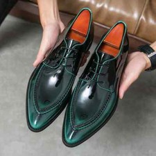 Men Patent Leather Dress Shoes Pointed Toe Lace Up Flats Party Footwear