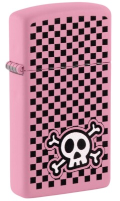 Zippo Slim Windproof Pink Matte Checkered Skull Lighter, 48680
