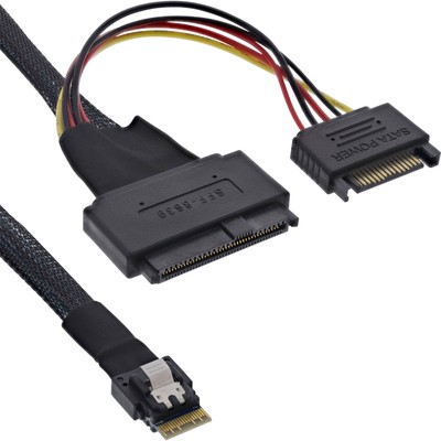 InLine  Slim SAS Kabel, SFF-8654 4i zu U.2 SFF-8639 + SATA Strom, 24Gb/s, 1m