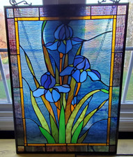 25-inch Antique Vintage Style Iris Stained Glass Window Hanging Suncatcher Panel