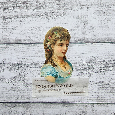 um 1900 Mädchen Kopf Mode Kette Blume Victorian Glanzbild Prägedruck Luxuspapier