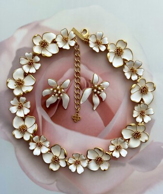 Vintage Modeschmuck Set Oscar De La Renta Collier Ohrringe Gold Emaille Blumen 